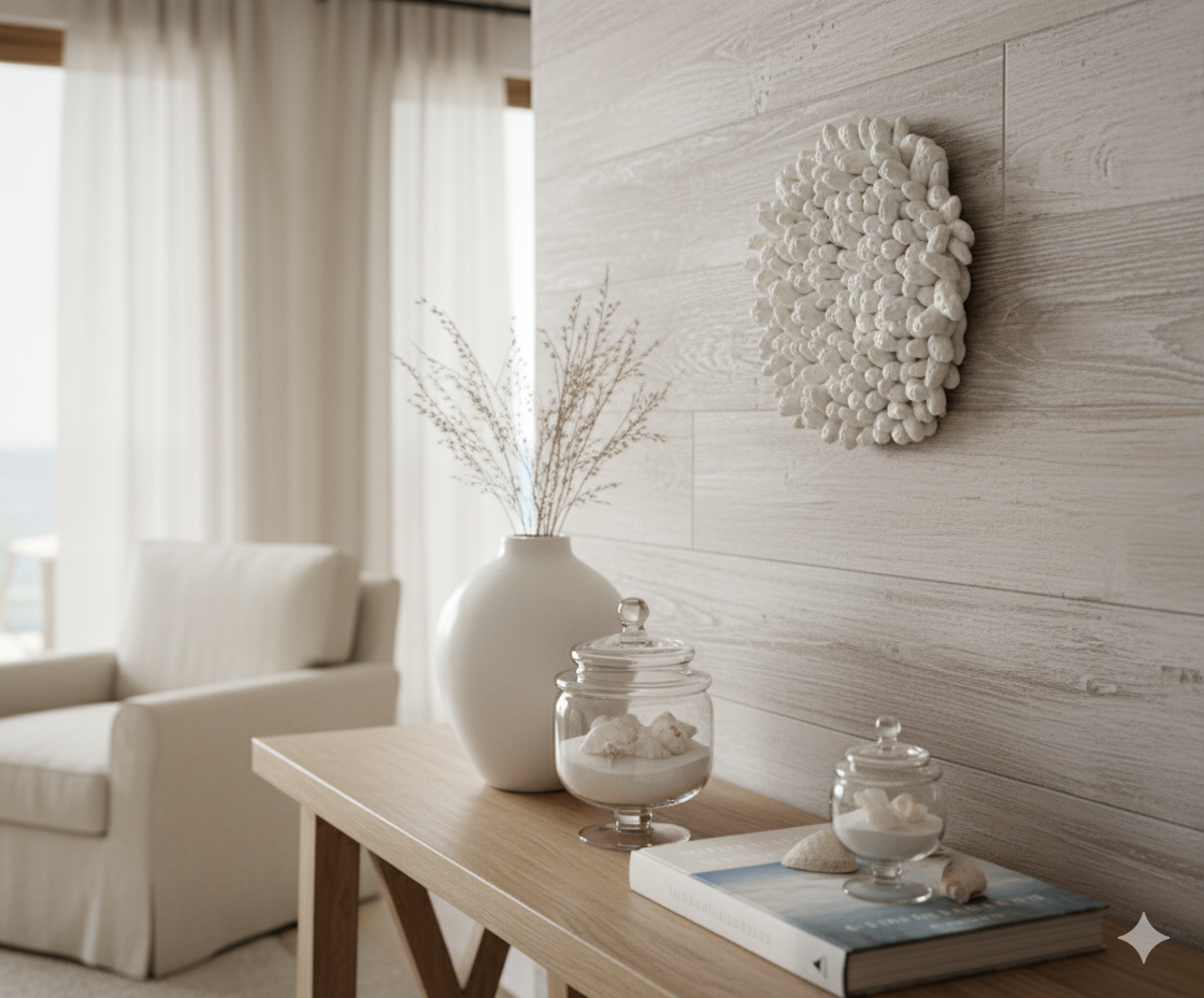 A coral-inspired, circular white wall sculpture, 15cm in diameter, is mounted on a light wood-paneled wall in a luxury beach house. The sculpture, made of numerous textured nubs, is positioned slightly sideways. Below it, on a wooden console table, are decorative items: a tall white vase with dried grasses, two glass jars containing sand and seashells, and a book on beach decor. In the background, a large window with sheer white curtains offers a glimpse of the ocean, and a white armchair completes the serene, coastal aesthetic.