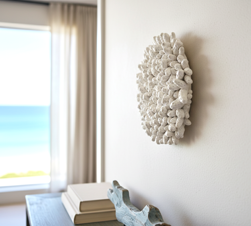 A delicate, white, coral-inspired wall sculpture, approximately 15cm in diameter, adorns a pristine white wall in a luxurious coastal home. The circular sculpture is composed of numerous small, elongated, textured pieces, resembling individual coral polyps, creating a rich, organic surface. It is captured in a sideways, close-up shot, emphasizing its intricate details and subtle three-dimensional quality. In the softly blurred background, a window reveals a serene view of a sunlit beach and the glistening ocean, complementing the sculpture's aquatic theme. Below the sculpture, a dark wooden console table holds a stack of light-colored books and a decorative, weathered wooden object, possibly a stylized fish or boat, further enhancing the seaside aesthetic. The overall scene exudes tranquility and understated elegance.