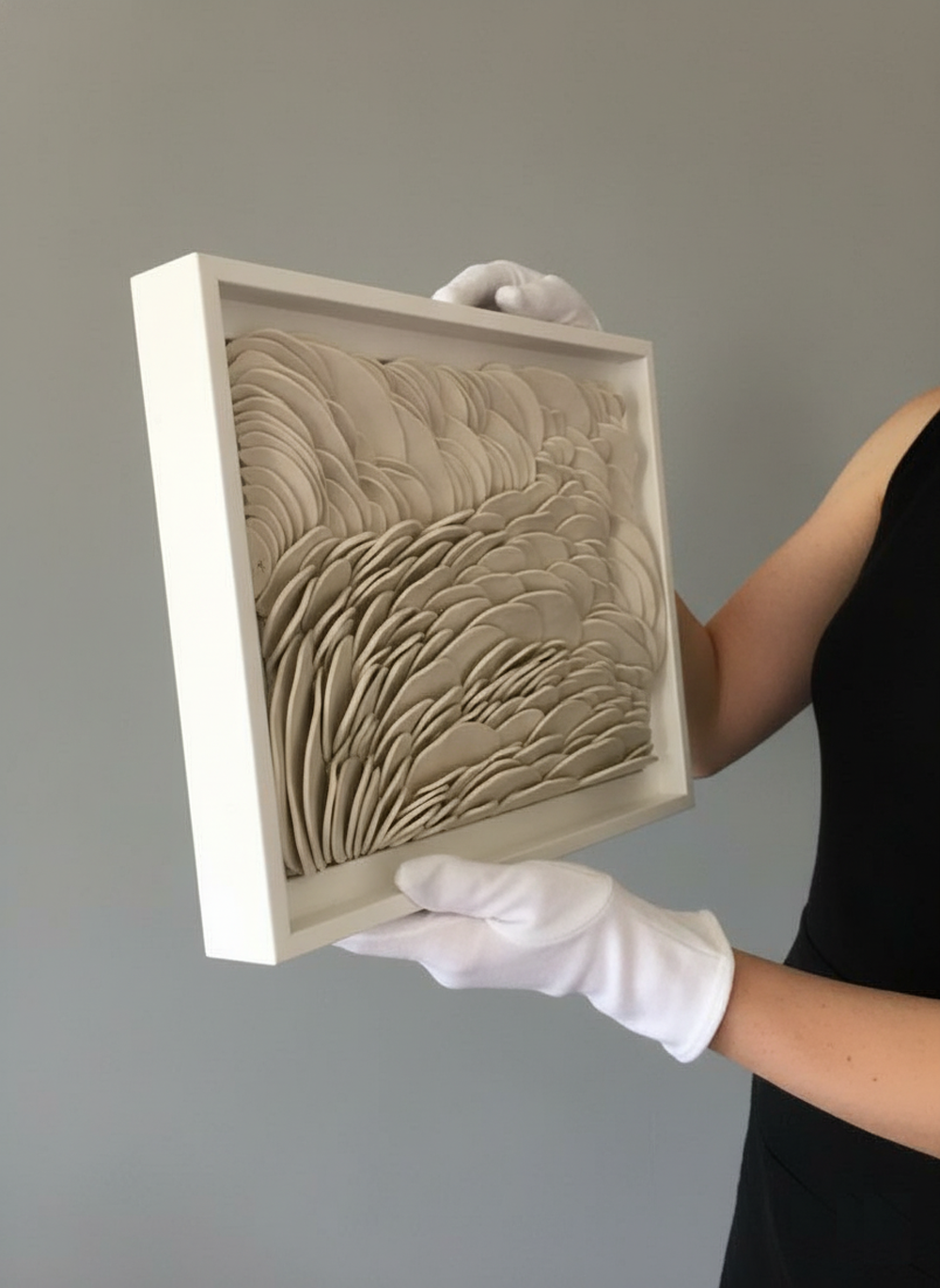 Organic Modern Wave Sculpture Decor, Bespoke Commissioned Textured Cream Framed Artwork