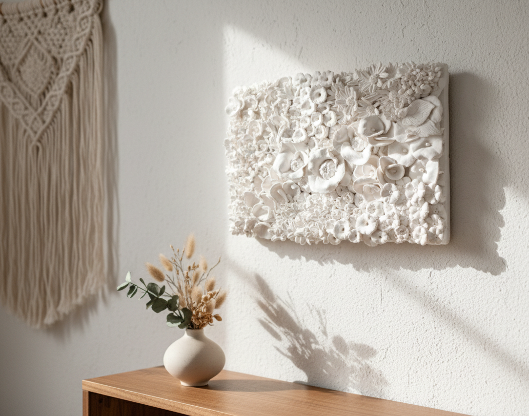 Wildflower Clay Wall Art Textured Floral Plaque, 32x22cm