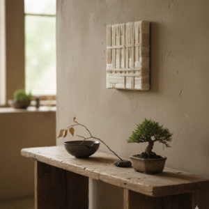 A cream-colored, square artwork, approximately 30x30 cm, made of woven fibers, hangs on a light brown, textured wall in a wabi-sabi inspired room. Below it, a rustic wooden table holds a dark ceramic bowl with a delicate branch, and a small bonsai tree in a rectangular pot. A blurred window in the background reveals soft outdoor light.