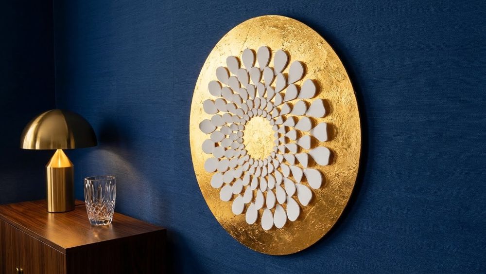 Textured Clay & Gold Leaf Wall Art 3D Lace Petal Mandala | White Gold Boho Decor