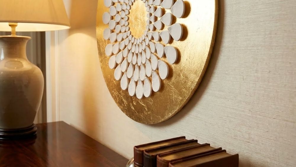 Textured Clay & Gold Leaf Wall Art 3D Lace Petal Mandala | White Gold Boho Decor - Image 4