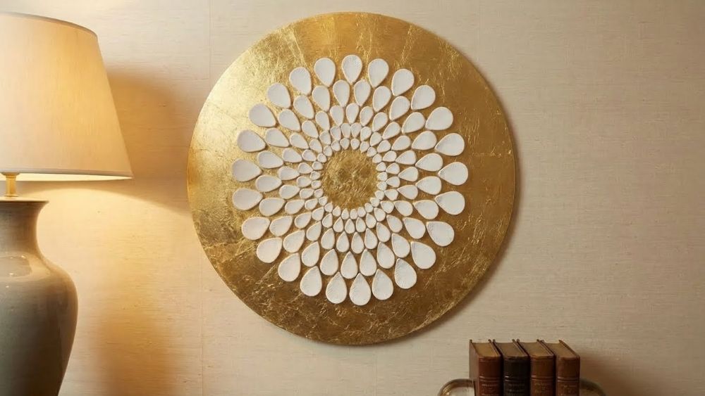 Textured Clay & Gold Leaf Wall Art 3D Lace Petal Mandala | White Gold Boho Decor - Image 5