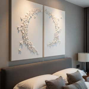 Ginkgo Leaves Diptych Dimensional Wall Sculpture, White on White Luxury Interior Design Art