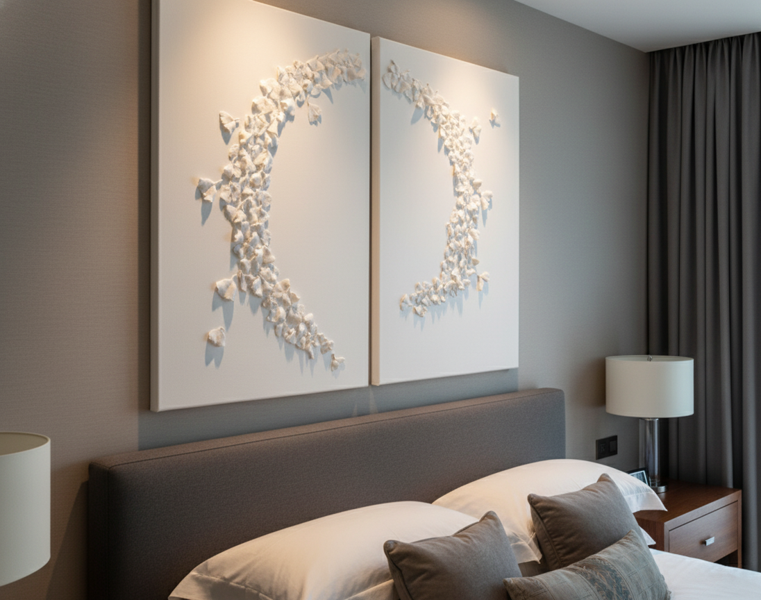 Ginkgo Leaves Diptych Dimensional Wall Sculpture, White on White Luxury Interior Design Art