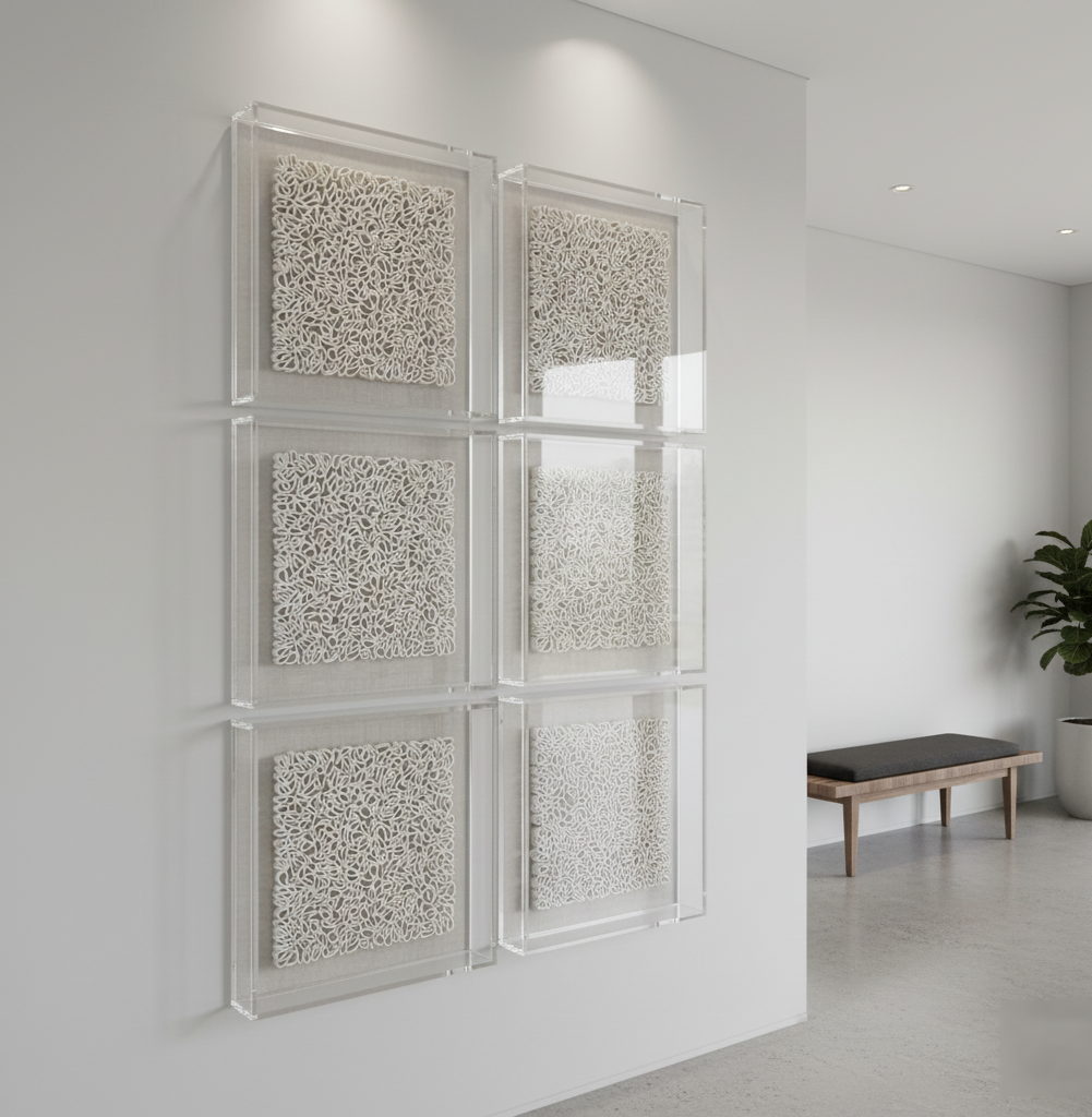 An indoor shot of a bright modern entrance hall features four pieces of framed artwork on a white wall. The artwork is composed of white, organic, swirling shapes on a light beige background, encased in clear acrylic box frames. To the right, a built-in wooden bench with a dark cushion sits against a white wall, and a large potted plant is visible.