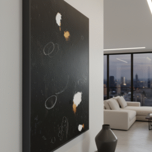 An abstract painting featuring white and orange splatters along with white scribbled circles, displayed on a black background, hangs on a light grey wall in a modern luxury apartment. The view is a sideways close-up, and the painting is presented on a gallery-wrapped canvas. In the blurred background, a beige sectional sofa and large windows overlooking a city at dusk are visible.