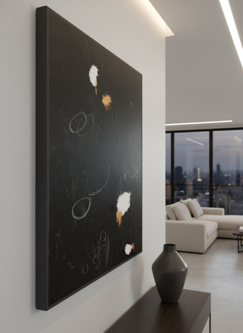 An abstract painting featuring white and orange splatters along with white scribbled circles, displayed on a black background, hangs on a light grey wall in a modern luxury apartment. The view is a sideways close-up, and the painting is presented on a gallery-wrapped canvas. In the blurred background, a beige sectional sofa and large windows overlooking a city at dusk are visible.