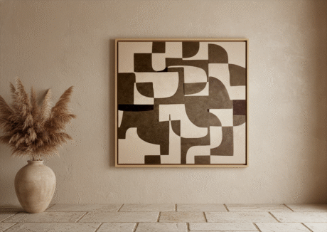 A sideways closeup shot of a painting, 120x150 in size, on a gallery wrap canvas, framed in a minimal wood floating frame, and placed in a modern organic room.