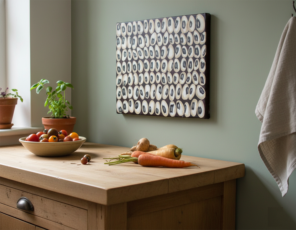 A painting of many individual beans, with black centers, hangs on a light green wall in an organic kitchen. The painting is oriented sideways, and the shot is a close-up, focusing on the painting and the wooden countertop below it. On the countertop, a bowl of fresh tomatoes and herbs in terracotta pots are visible, along with some carrots and other root vegetables. A linen towel hangs on a hook to the right of the painting.