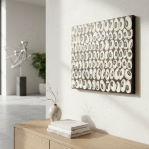 This is an image of the artwork from before, now hanging on a light-colored wall in a modern interior. The artwork is oriented sideways, so the beans appear to be falling to the left. It's a close-up shot, showing the texture of the wall and the subtle shadows cast by the artwork. Below the artwork, there's a light wooden console table with a stack of books and a decorative vase with bare branches. In the soft-focus background, a bright window and a piece of abstract sculpture can be seen.