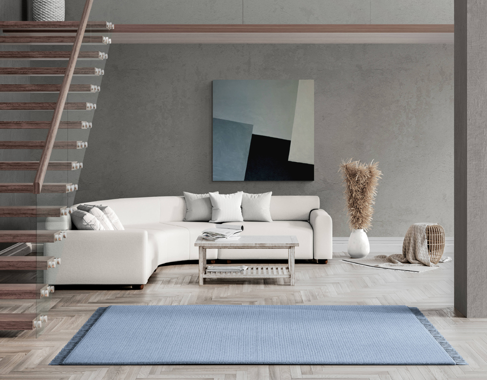 Large Minimalist Blue and White Linear Block Abstract Painting on Canvas Original Artwork in Modern Style Home Decor