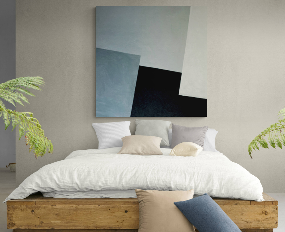 Large Minimalist Blue and White Linear Block Abstract Painting on Canvas Original Artwork in Modern Style Home Decor