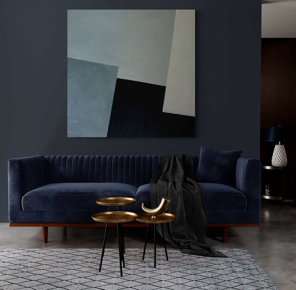 Large Minimalist Blue and White Linear Block Abstract Painting on Canvas Original Artwork in Modern Style Home Decor