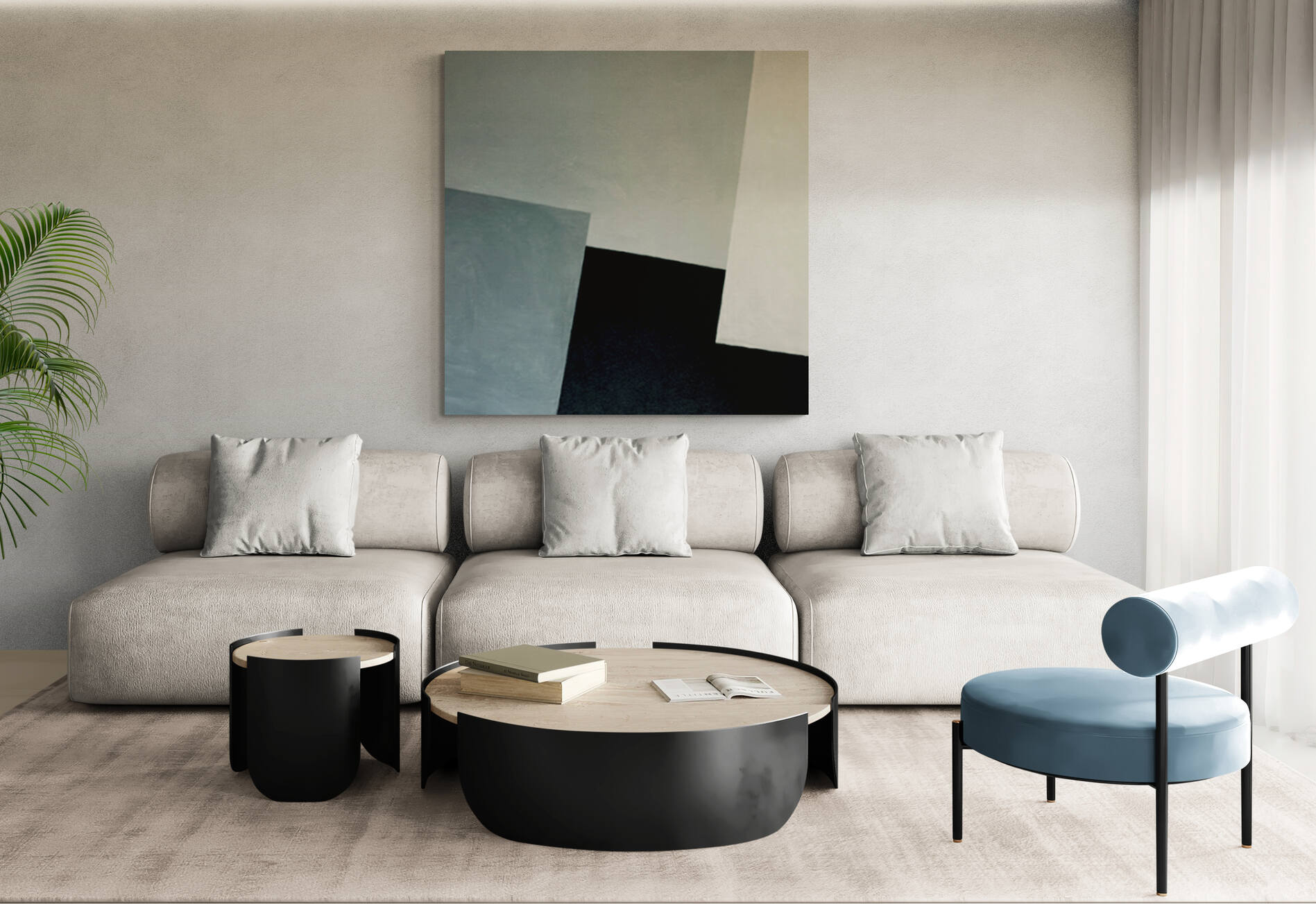 Large Minimalist Blue and White Linear Block Abstract Painting on Canvas Original Artwork in Modern Style Home Decor