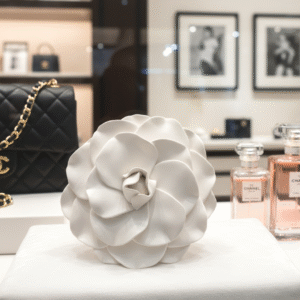 A white camellia flower is displayed prominently in a Chanel shop window. The flower, approximately 15cm in size, is in the foreground, with classic Chanel handbags and perfume bottles blurred in the background, creating a luxurious and elegant display.
