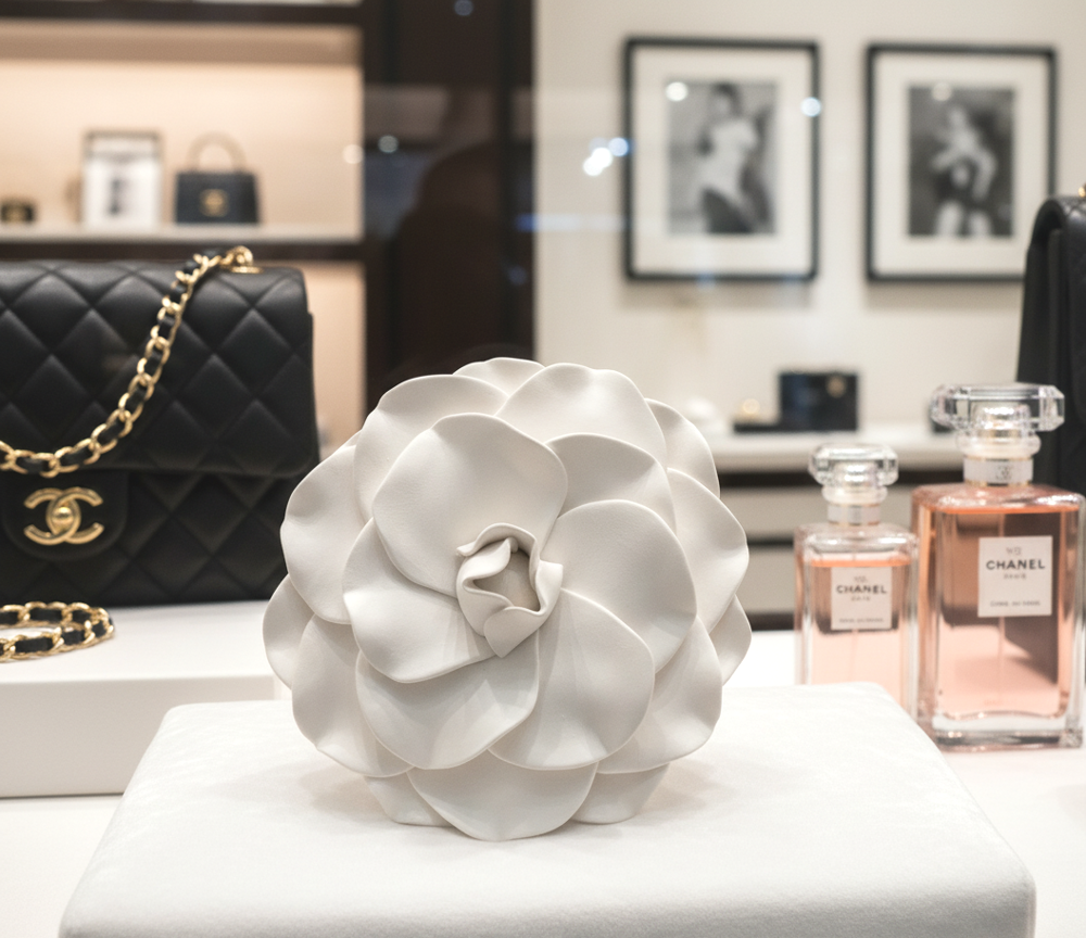 A white camellia flower is displayed prominently in a Chanel shop window. The flower, approximately 15cm in size, is in the foreground, with classic Chanel handbags and perfume bottles blurred in the background, creating a luxurious and elegant display.