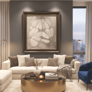 A contemporary living room is shown, with a large painting of several garlic cloves on the back wall. The painting is in a dark, thick frame. The room has a white sofa with several pillows, a blue armchair, and a circular gold coffee table with a candle and some books on top. There are two gold floor lamps on either side of the sofa. A large window on the right side of the room overlooks a city at dusk.