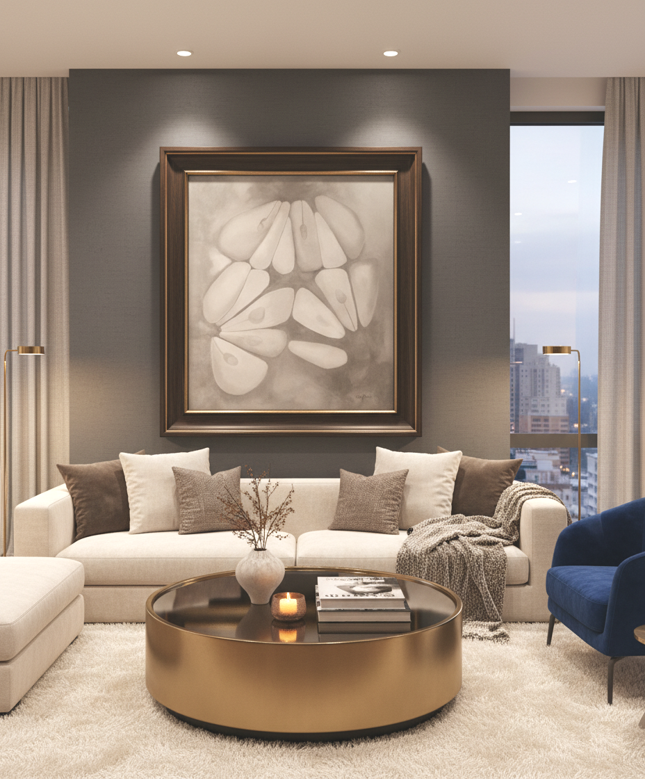 A contemporary living room is shown, with a large painting of several garlic cloves on the back wall. The painting is in a dark, thick frame. The room has a white sofa with several pillows, a blue armchair, and a circular gold coffee table with a candle and some books on top. There are two gold floor lamps on either side of the sofa. A large window on the right side of the room overlooks a city at dusk.