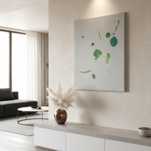 A modern luxury interior features an abstract painting with green and teal shapes on a light grey background, displayed on a gallery wrap canvas. The painting is mounted on a light beige wall above a low white and grey console table. A decorative vase with dried pampas grass sits on the table, next to a small white bowl. In the background, a living area with a dark sofa, a round coffee table, and large windows with sheer white curtains can be seen. The room has light wooden floors and recessed lighting.