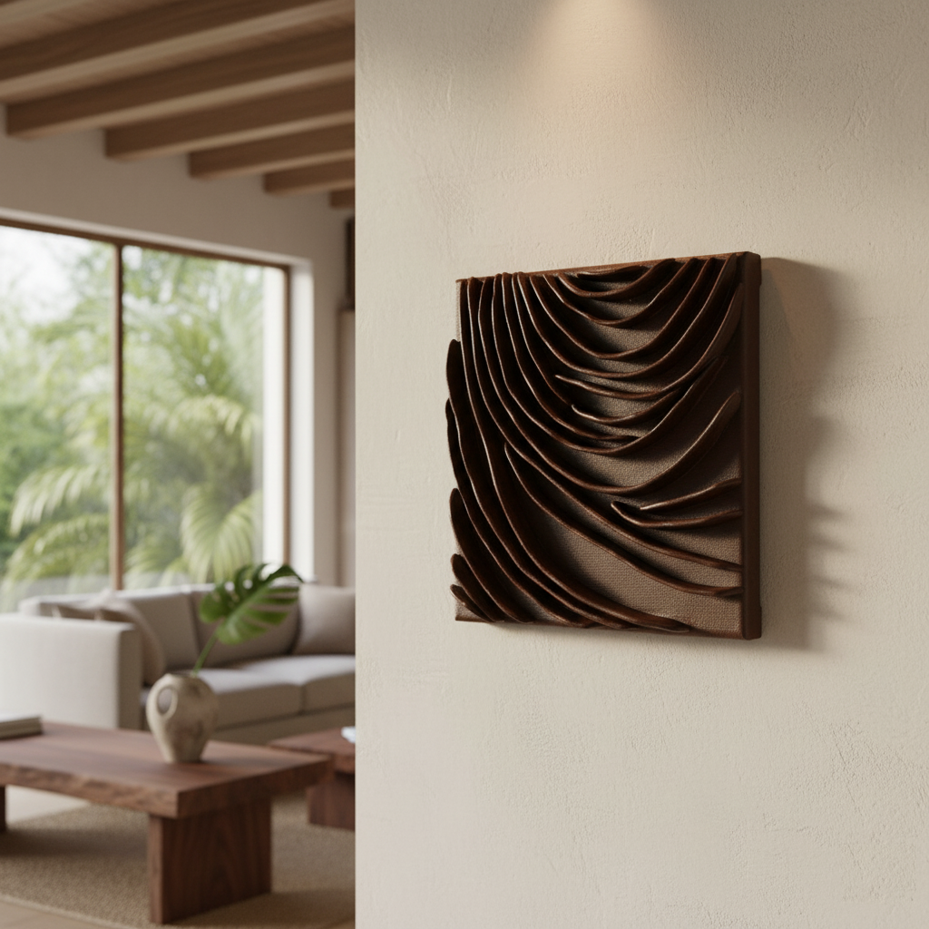 A dark brown, wavy, abstract art piece hangs on a beige wall in a modern organic living room. The artwork is composed of parallel, undulating ridges that create a textured, three-dimensional effect. The room features a large window with lush greenery visible outside, a wooden coffee table, and a light-colored sofa in the background, out of focus.