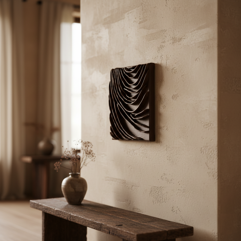 A small, square, dark brown abstract artwork with flowing, wavy textures is mounted vertically on a textured beige wall in a wabi-sabi inspired room. Below the artwork, a rustic wooden bench holds a light brown vase with dried flowers. In the softly lit background, light-colored curtains frame a window, and a blurred wooden table with another vase is visible.