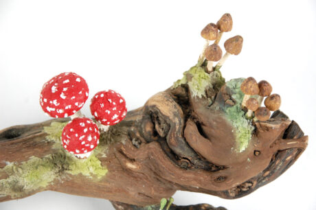 Mushroom Sculpture Fly Agarics Amanita Mushrooms on Gnarled French Wine Vine, Unique Sculpture