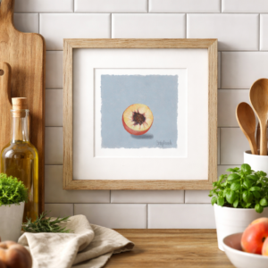 Peach Oil Painting on Paper, Fruit on Gray Background Kitchen Decor