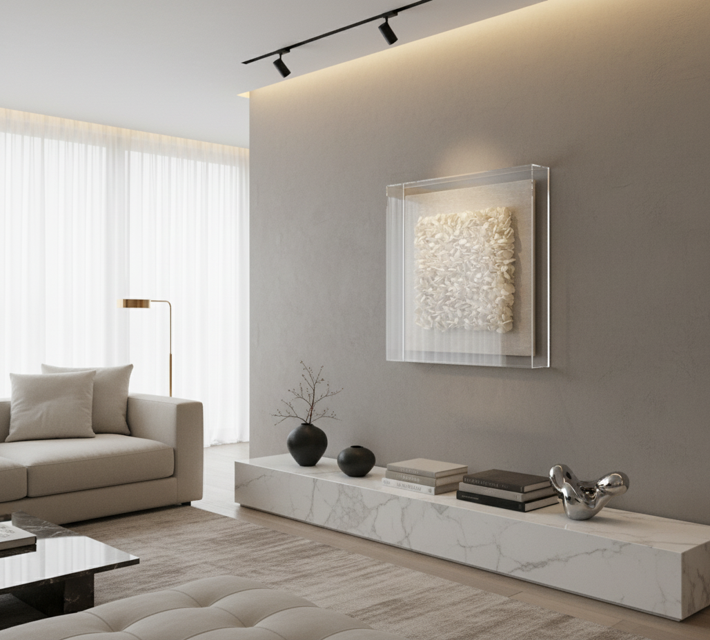 Cream dimensional clay petals artwork, enclosed within a clear perspex box, mounted on a textured light grey wall in a luxurious, minimalist living room. The room features a cream-colored sofa, a white marble console table with decorative objects and books, and soft lighting. The artwork, now protected in the perspex box, maintains its textured appearance and serves as a focal point in the room's elegant decor.