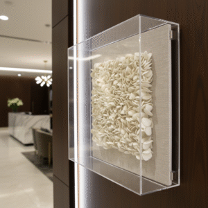 A piece of textured, off-white artwork, made of many small, overlapping petal-like shapes, is displayed within a clear acrylic (perspex) box. The box is mounted on a dark wooden wall in what appears to be a luxurious hotel reception area. The shot is a close-up, angled view that highlights the three-dimensional quality of the artwork and the reflective surface of the clear box. In the softly blurred background, elements of the hotel lobby are visible, including a reception desk and seating.