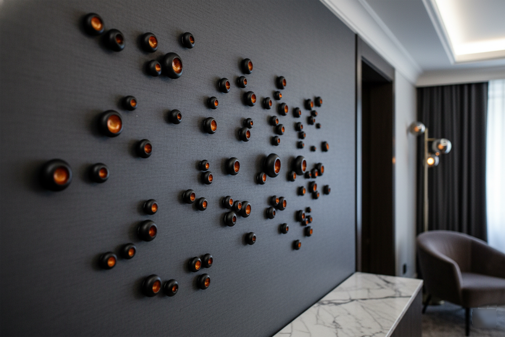 A luxurious room features an elegant, dark wall adorned with numerous clay pods. The pods, varying in size from 1 cm to 5 cm, are arranged in an artistic pattern, creating a striking visual display. The overall arrangement spans 85 cm by 50 cm, maintaining a sophisticated scale that complements the upscale environment. A close-up, sideways shot captures the intricate details and textured appearance of the pods, highlighting their warm, earthy tones against the dark wall.