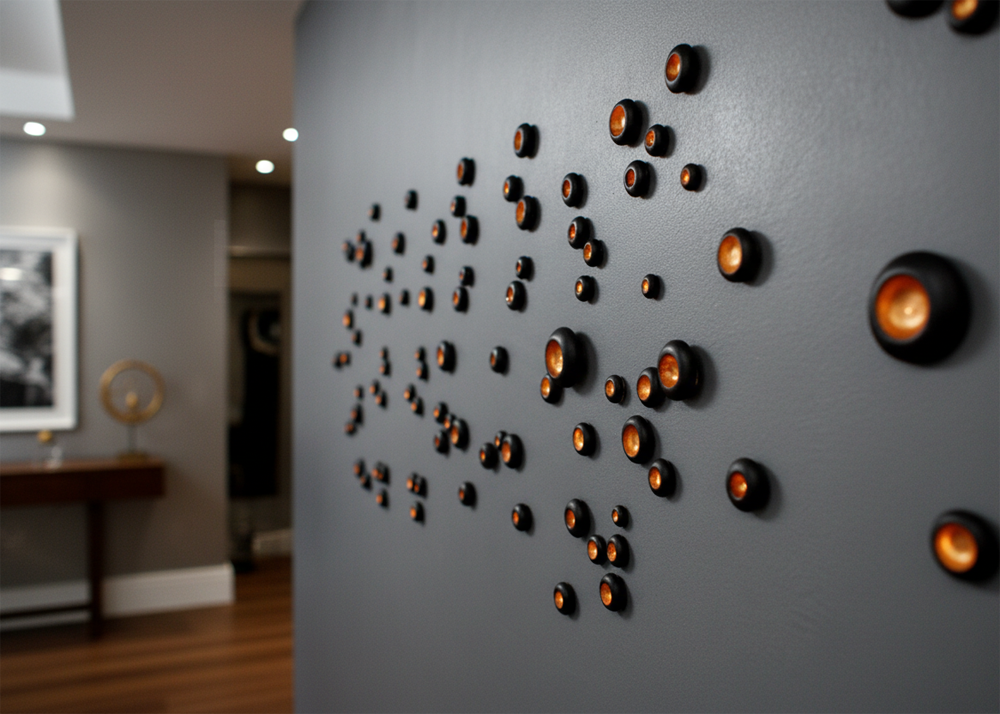 A wall-mounted art installation featuring numerous small, dark, circular pods with glowing orange centers, resembling eyes or tiny volcanoes, scattered across a dark gray wall in a luxurious, modern interior space.