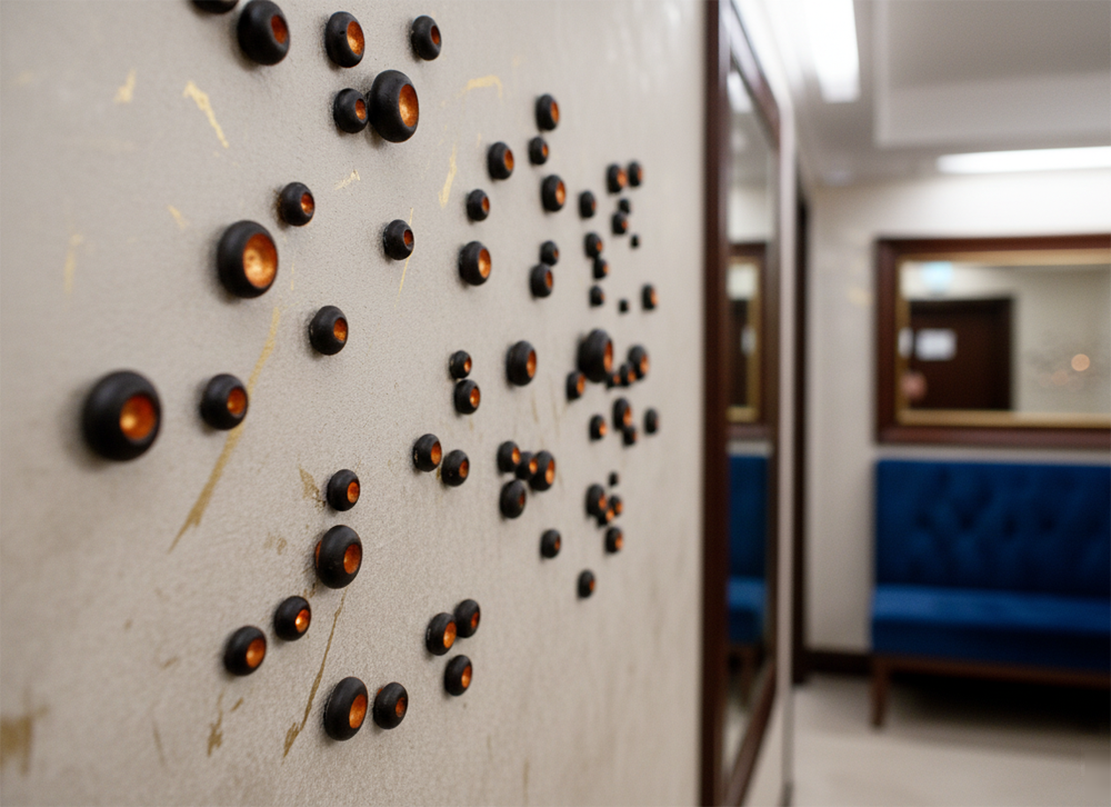 Clay pods are placed on a wall in a luxury hotel space, with a sideways closeup shot, with the size of each pod being 1 cm to 5 cm.