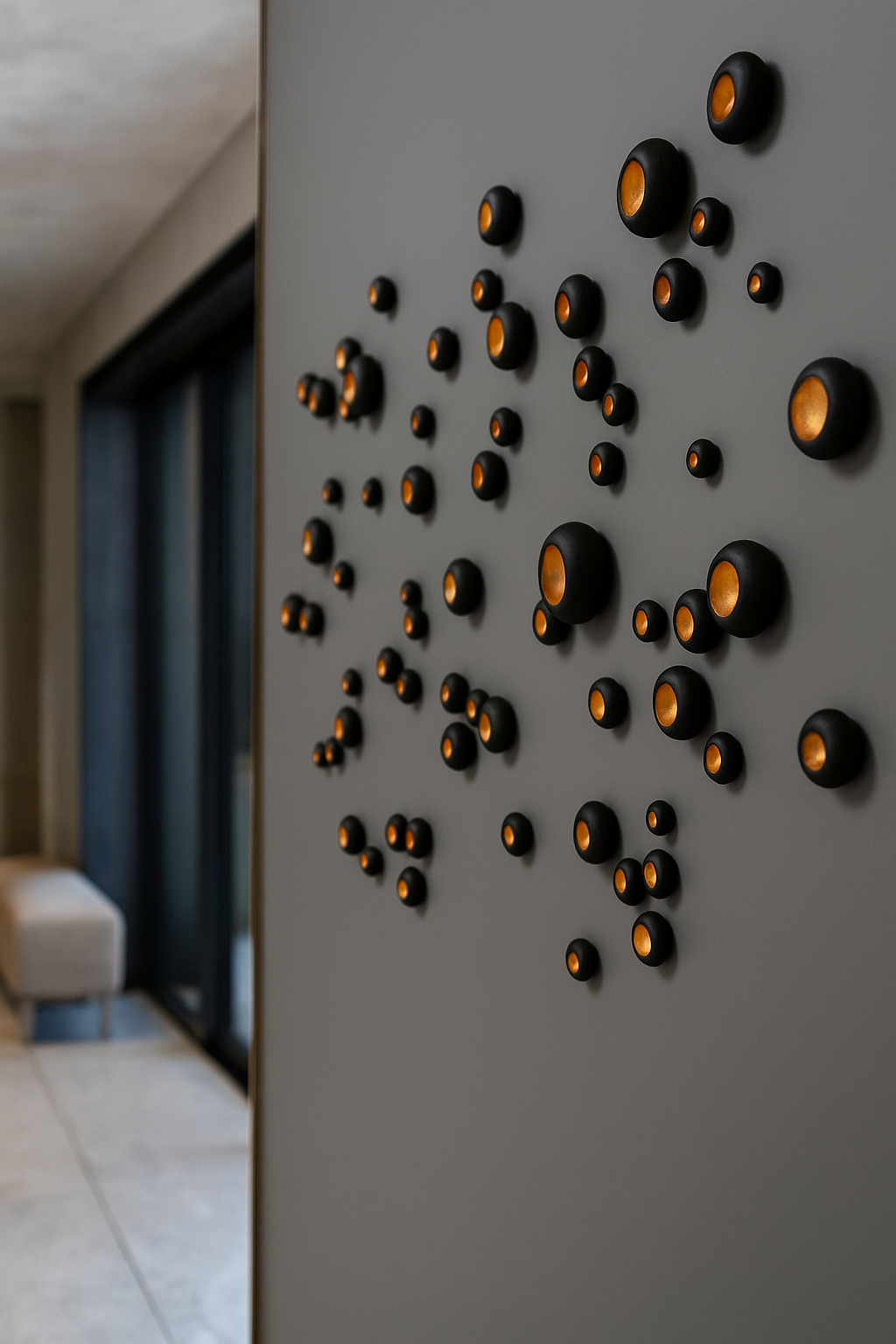 A modern hotel lobby features a textured gray wall adorned with numerous small, dark clay pods, each housing a warm, glowing light that casts a subtle ambient illumination on the wall.