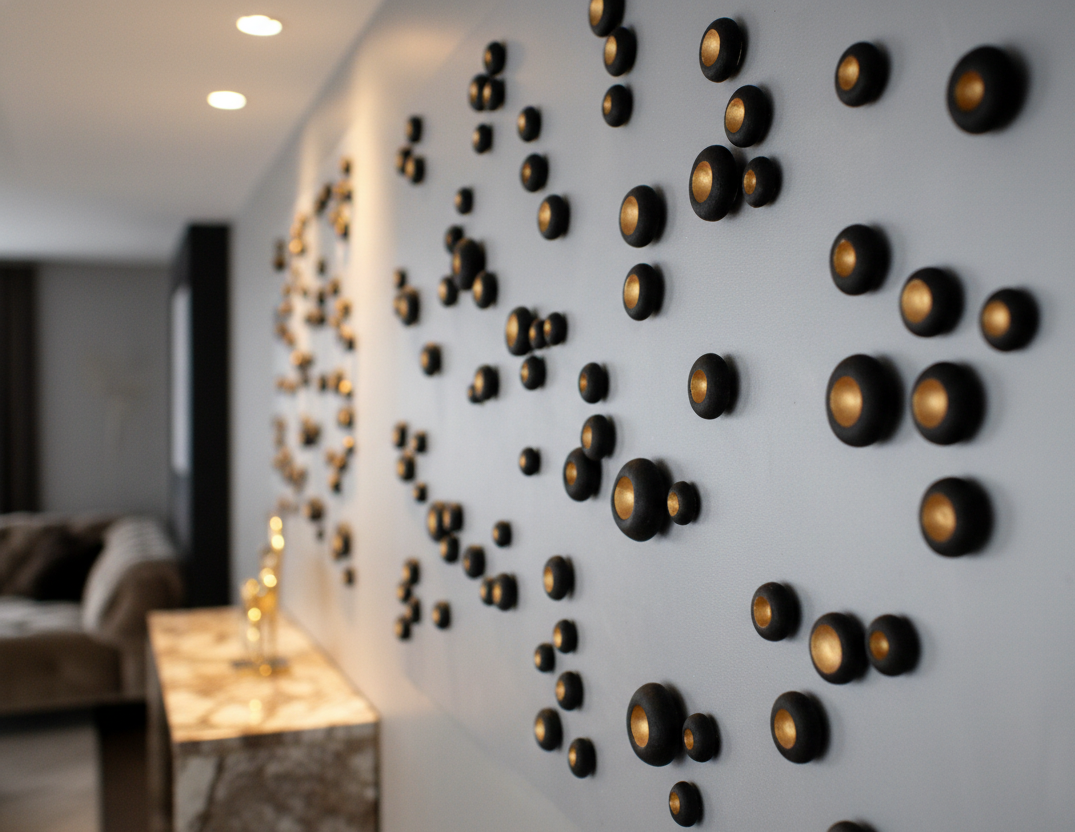 Black & Copper Pods Wall Installation Art, Dimensional Decor