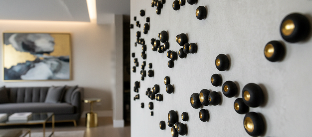 A close-up, sideways shot reveals numerous clay pods, ranging from 1 to 5 cm in size, adorning a wall within a luxurious interior space. The pods are predominantly black with a golden-yellow center, creating a striking contrast against the light-colored wall. In the softly blurred background, a sophisticated living area is visible, featuring a grey sofa, a glass coffee table, and a large abstract painting with gold accents, enhancing the sense of upscale design.
