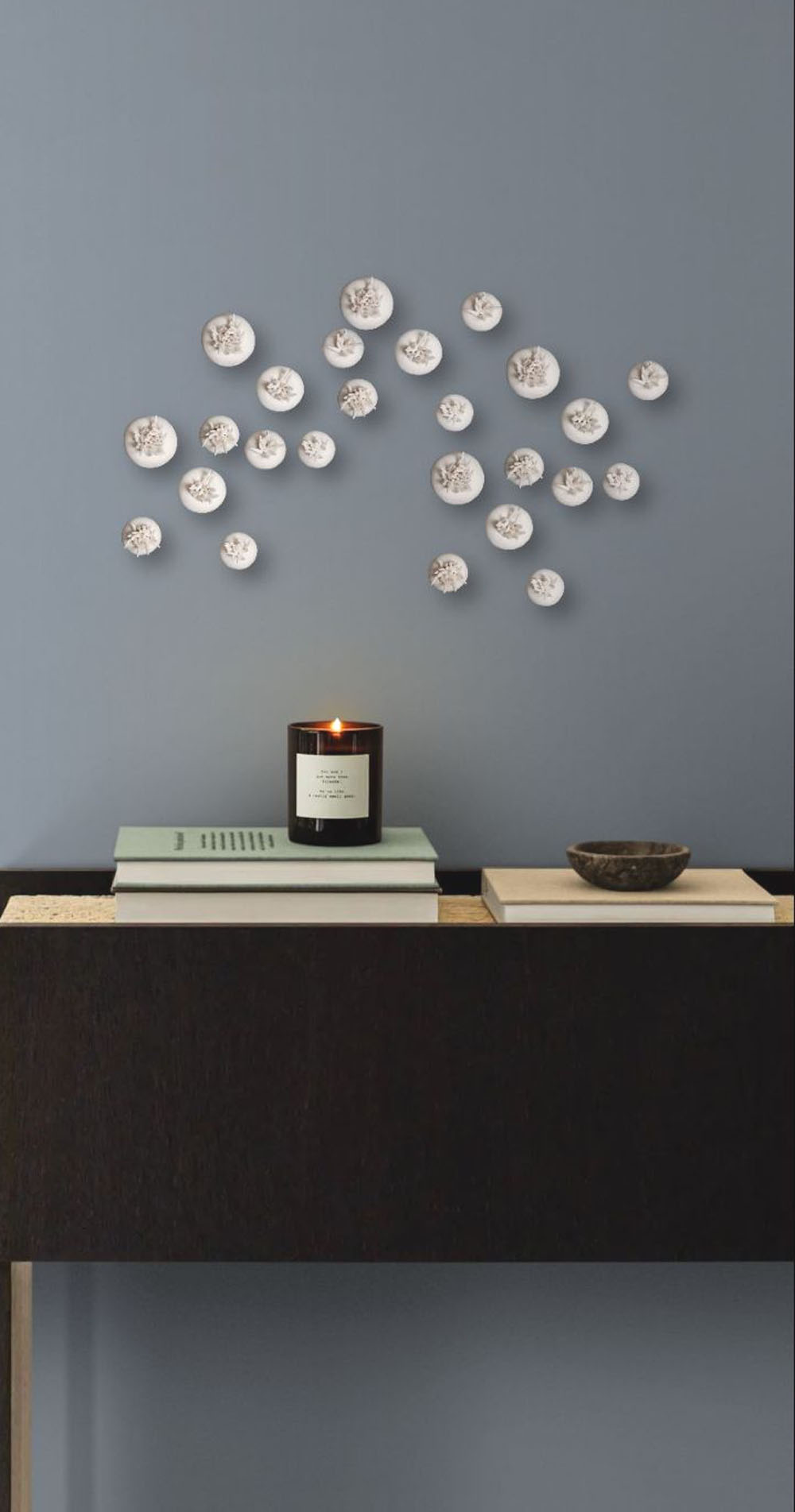 A collection of 3D white ceramic wall sculptures, each featuring a smooth, round base with delicate, textured tentacles emerging from the center, mimicking a sea anemone.