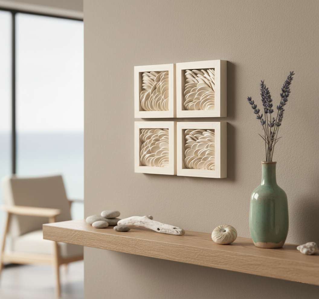 3D Clay Wall Art Set of 4 Textured Wall Sculpture Minimalist Wave Art