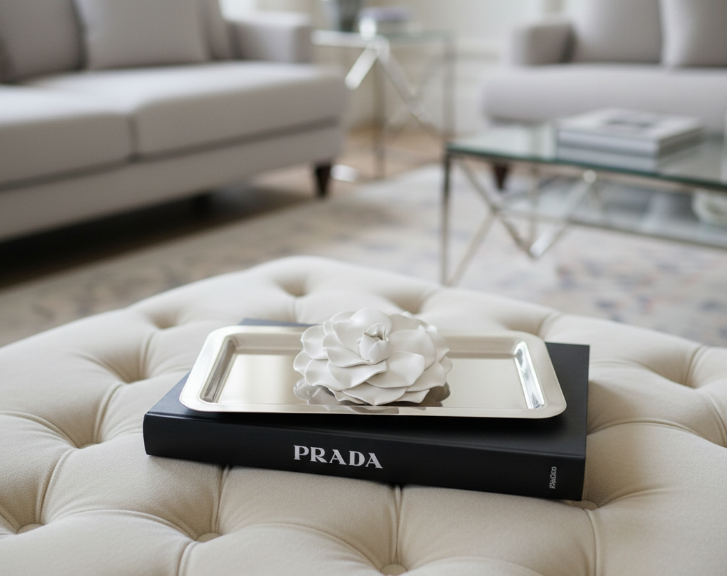 A detailed, close-up shot captures a luxurious interior setting. In the foreground, a tufted ottoman in a light neutral color serves as a chic display surface. Perched atop the ottoman is a sleek, black Prada design book, its title prominently visible in white lettering. On top of the book, a small, silver rectangular tray holds a pristine white camellia flower. The flower's delicate, layered petals are intricately detailed, creating a sense of refined elegance. In the blurred background, hints of a sophisticated living room are visible, including parts of a light-colored sofa and a glass-top coffee table with metallic accents, contributing to the overall opulent ambiance.