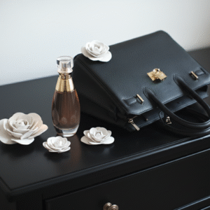 Three white rose sculptures, varying in size from 5cm to 7cm, are placed on a sleek black dresser alongside a bottle of Dior J'adore perfume and a black Birkin bag. The bag is positioned to the right of the perfume, with one of the rose sculptures resting on its top flap.