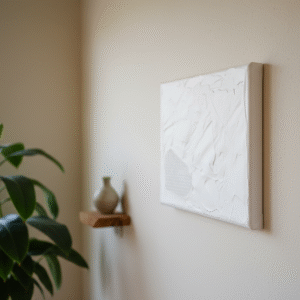 An 18x24 cm textured white artwork, resembling a gallery wrap canvas with subtle text showing through, is displayed on a light beige wall in a modern organic room. The shot is a sideways closeup, with the artwork positioned in the middle right of the frame. In the blurred background to the left, a green plant and a small wooden shelf with a ceramic vase can be seen, contributing to the room's minimalist and natural aesthetic.