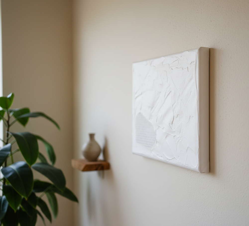 An 18x24 cm textured white artwork, resembling a gallery wrap canvas with subtle text showing through, is displayed on a light beige wall in a modern organic room. The shot is a sideways closeup, with the artwork positioned in the middle right of the frame. In the blurred background to the left, a green plant and a small wooden shelf with a ceramic vase can be seen, contributing to the room's minimalist and natural aesthetic.