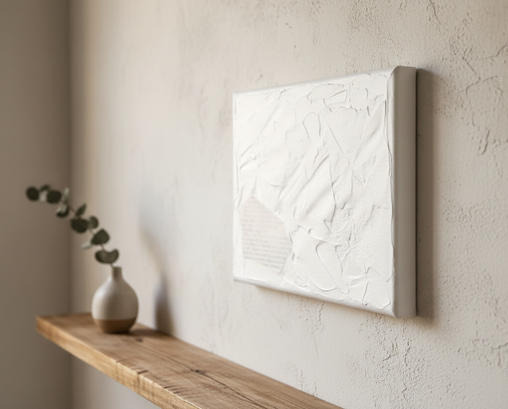 An 18x24 cm textured white artwork, resembling a gallery wrap canvas with subtle text showing through, is displayed on a light beige wall in a modern organic room. The shot is a sideways closeup, with the artwork positioned in the middle right of the frame. In the blurred background to the left, a green plant and a small wooden shelf with a ceramic vase can be seen, contributing to the room's minimalist and natural aesthetic.