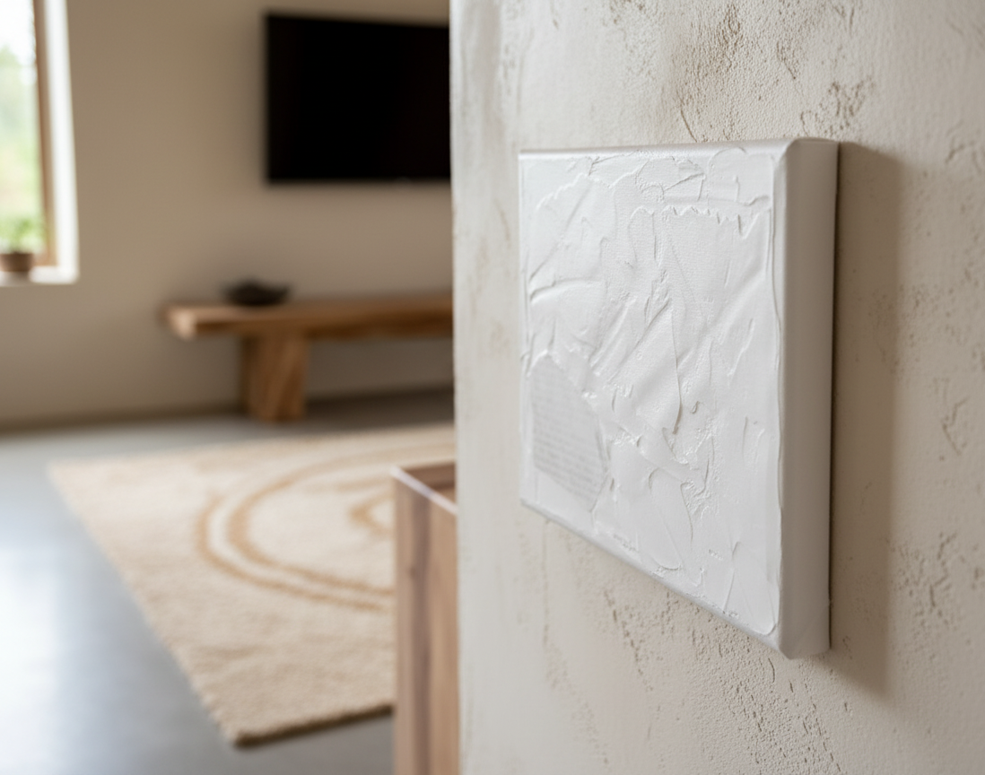 A close-up, sideways shot of a small (18x24 cm) gallery-wrapped canvas artwork, predominantly white with textured brushstrokes, hanging on a textured beige wall in an organically luxurious room. In the soft-focused background, a large flat-screen TV, a wooden bench, a neutral-toned rug, and a window with natural light can be seen, hinting at the spaciousness and style of the room.