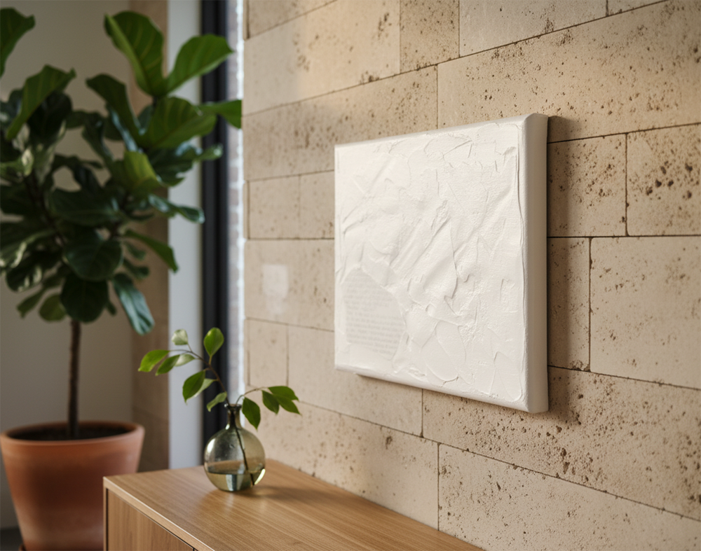 An abstract white artwork with subtle textures and visible text peeking through from beneath is displayed on a gallery-wrapped canvas. The canvas is mounted on a textured, light brown brick wall in a modern organic room. To the left, a large fiddle-leaf fig plant in a terracotta pot adds a touch of green. In front of the wall, a light wood console table holds a small glass vase with a green sprig. The lighting is warm and natural, creating a soft, inviting atmosphere.