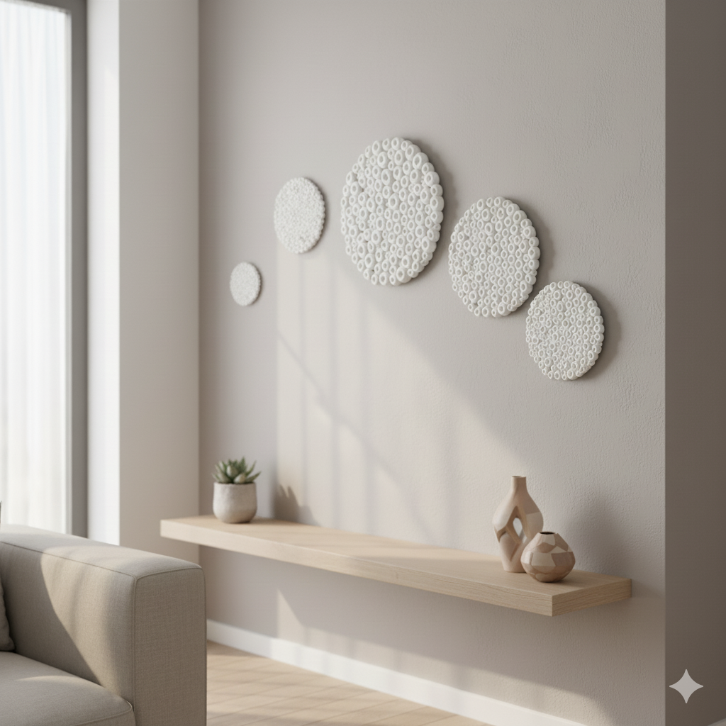 Four white, circular wall sculptures of varying sizes are arranged horizontally on a light gray wall. Sunlight streams in from a large window on the left, casting shadows across the wall and onto a light wooden floating shelf below the sculptures. A small potted succulent sits on the left side of the shelf, while two decorative ceramic vases in natural tones are on the right. A corner of a light-colored sofa is visible in the bottom left of the frame.