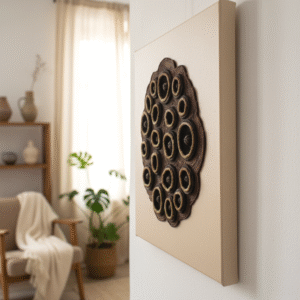 A unique string and clay artwork depicting a lotus seedpod is showcased on a beige gallery-wrapped canvas. The artwork is presented in a sideways close-up shot within a modern organic interior. The piece measures 50x50 cm, with its scale respected in the setting.