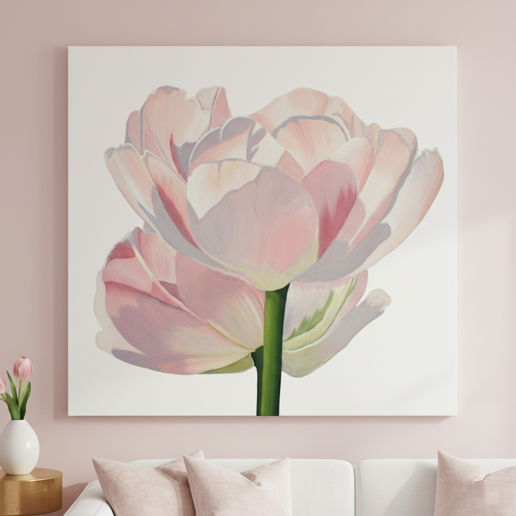Original Pink Double Tulip Painting, Elegant Floral Wall Art on Canvas
