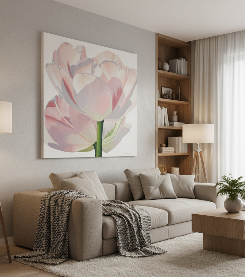 Original Pink Double Tulip Painting, Elegant Floral Wall Art on Canvas - Image 2